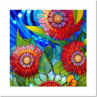 Red Staind Glass Flowers Posters and Art